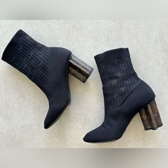 LOUIS VUITTON Monogram Stretch Fabric Silhouette Ankle Boots Black EU 40 US 10 - Picture 3 of 13